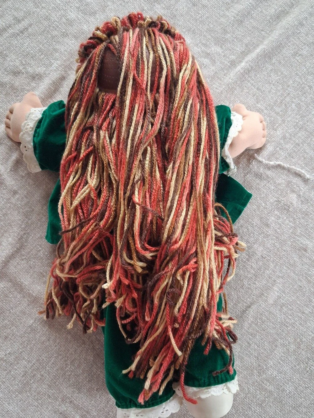 Plush Rag-Style Doll with Green Velvet Dress and Multicolor Yarn Hair